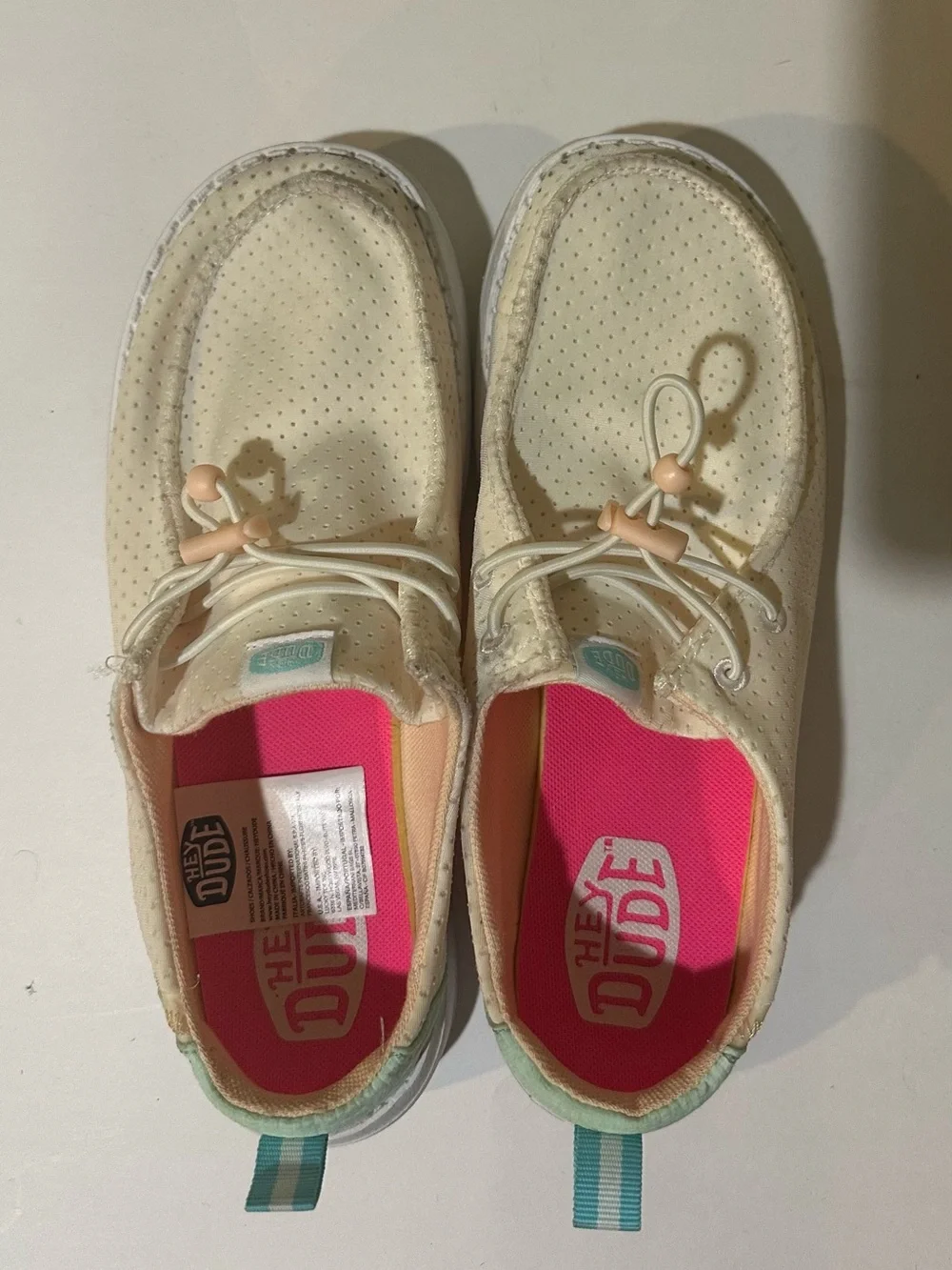 Hey Dude Women’s cream Sneakers with Coral Pink Insoles